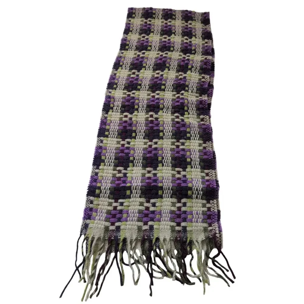 ECHO‎ Scarf Italian Knit Woven Plaid Purple Tan Gray Green Fringe - Wool Blend